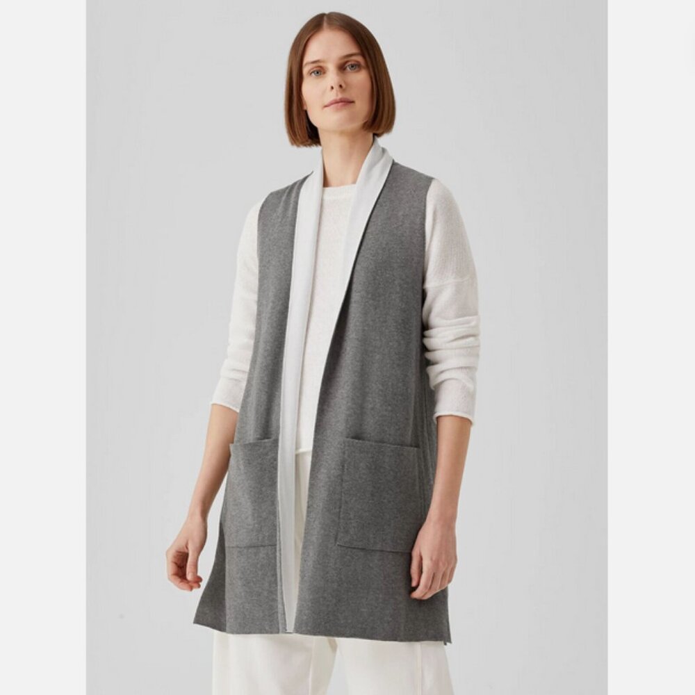 Eileen Fisher Peruvian Long Open Front Vest Size XS Gray Organic Cotton